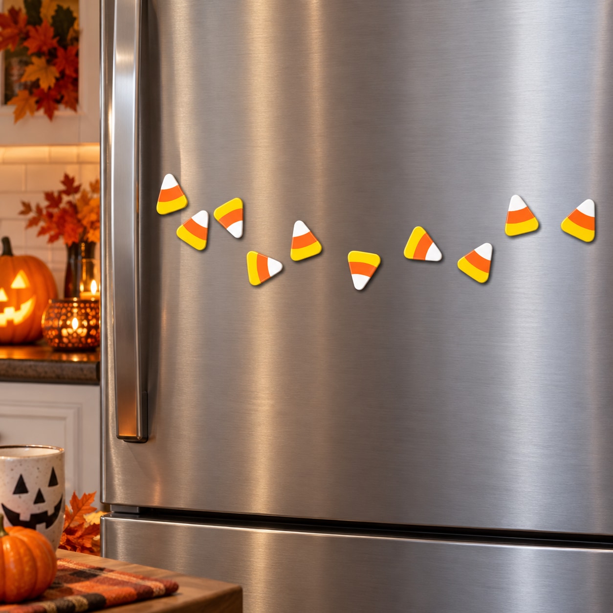 Candy corn magnets scattered on a stainless steel refrigerator door