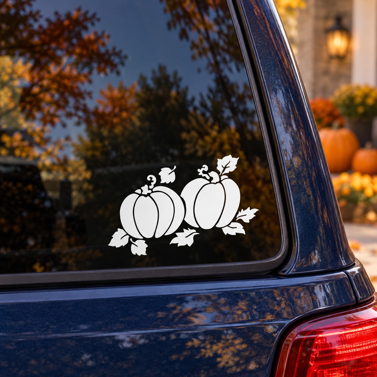 Thanksgiving pumpkin window vinyl decals, white two-pumpkin with leaves on car glass