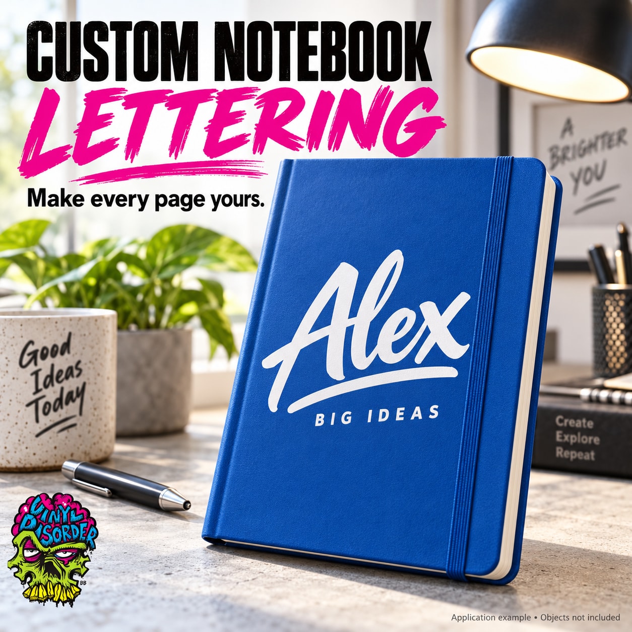 Blue notebook with custom name Alex and slogan BIG IDEAS