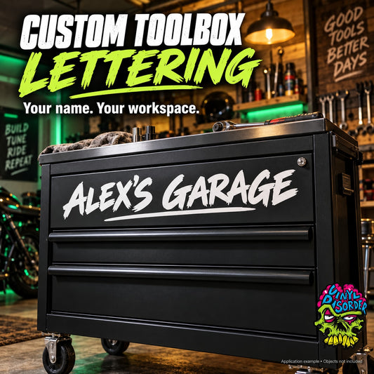 Black 2-drawer rolling toolbox with custom name text on front