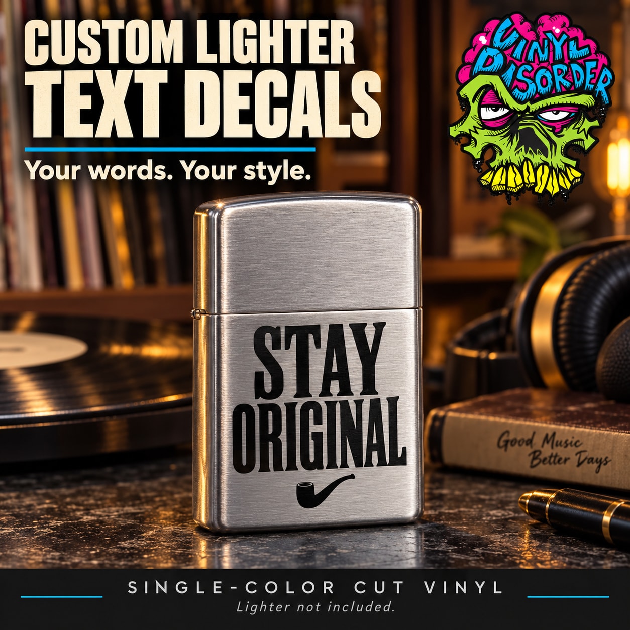 Custom lighter text vinyl decal with bold black "STAY ORIGINAL" lettering
