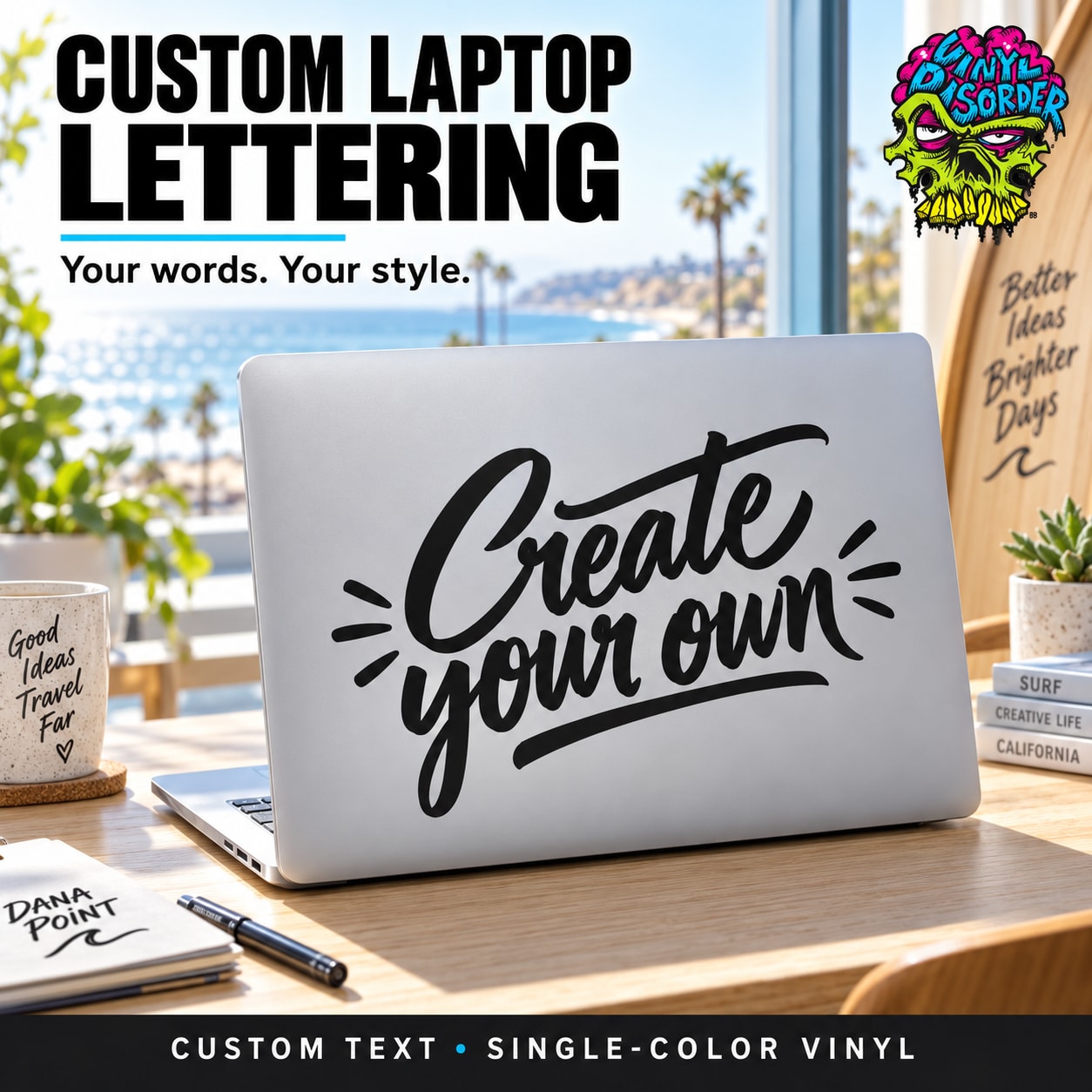 Laptop lettering decal with black cursive Create your own on light gray laptop lid