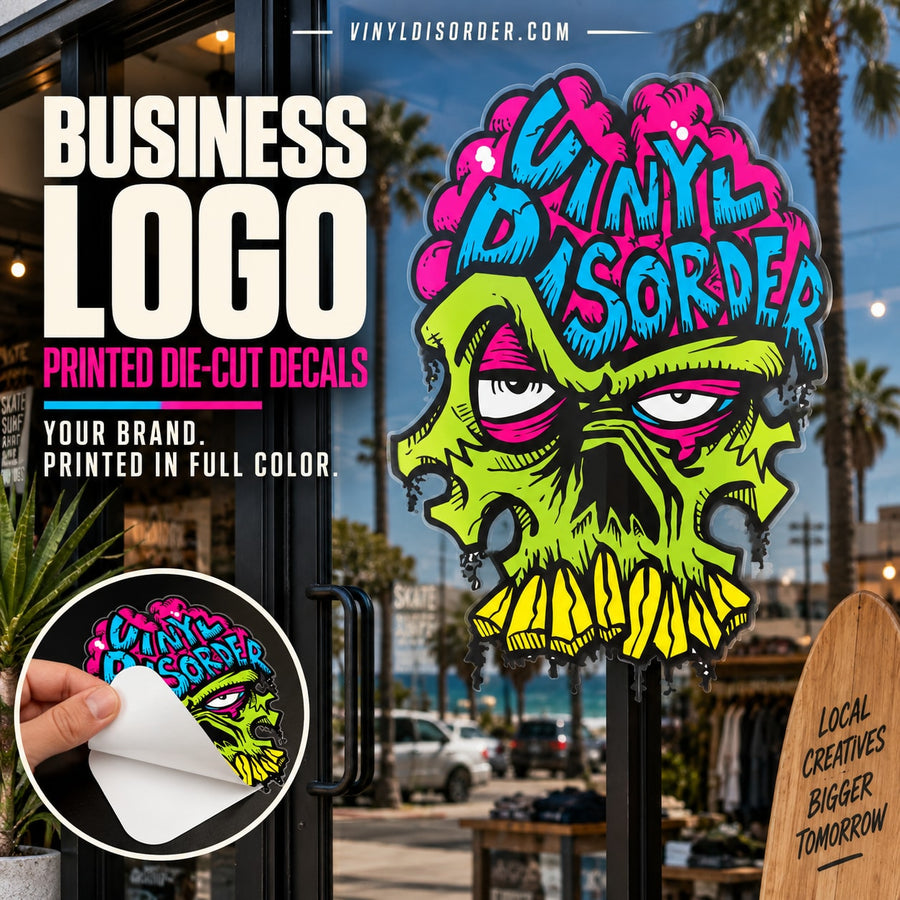 Colorful printed die-cut business logo decal with stylized skull artwork
