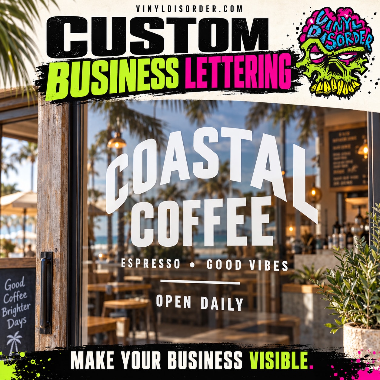 Vinyl decal sheet with custom business lettering for a coffee shop window