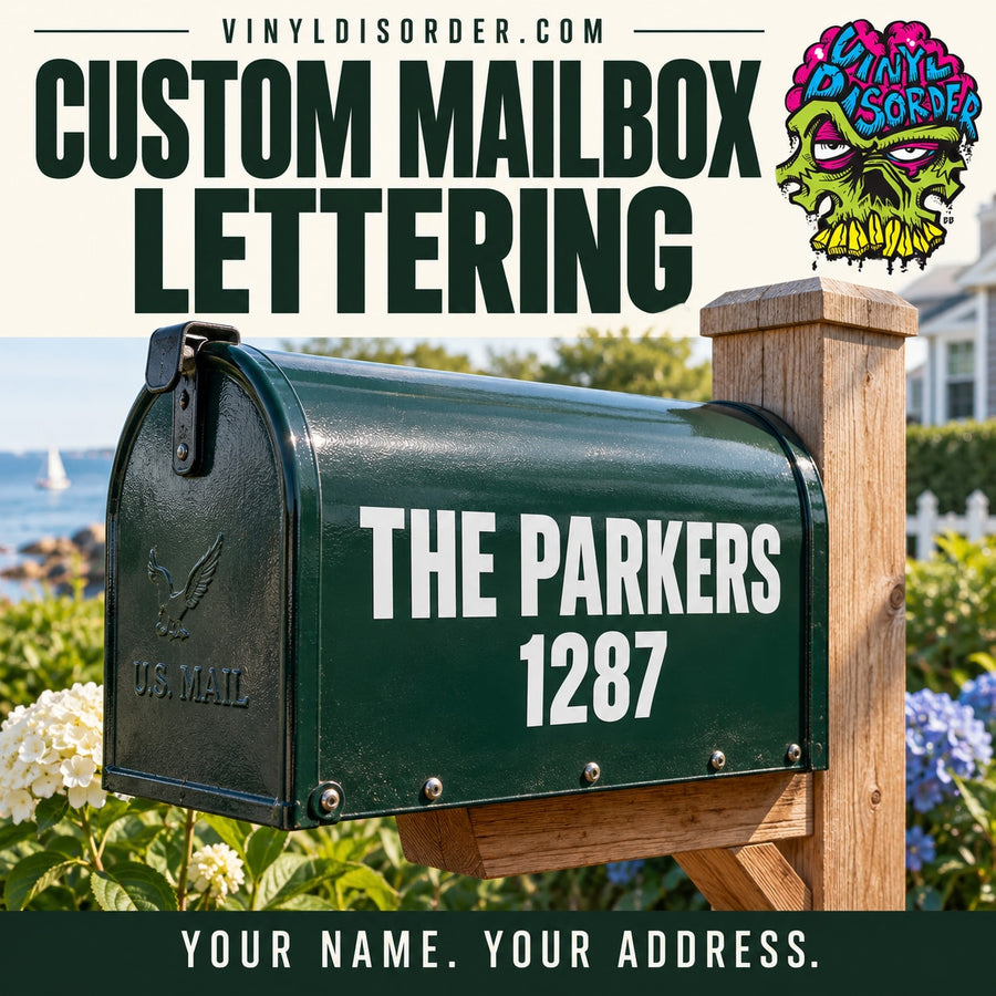 Custom mailbox vinyl decal letters on dark green mailbox, text THE PARKERS 1287.