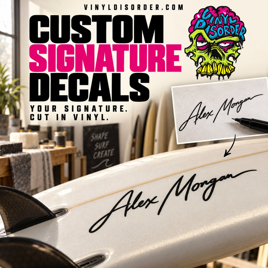 Custom signature vinyl decal on white surfboard with black cursive 'Alex Morgan'.