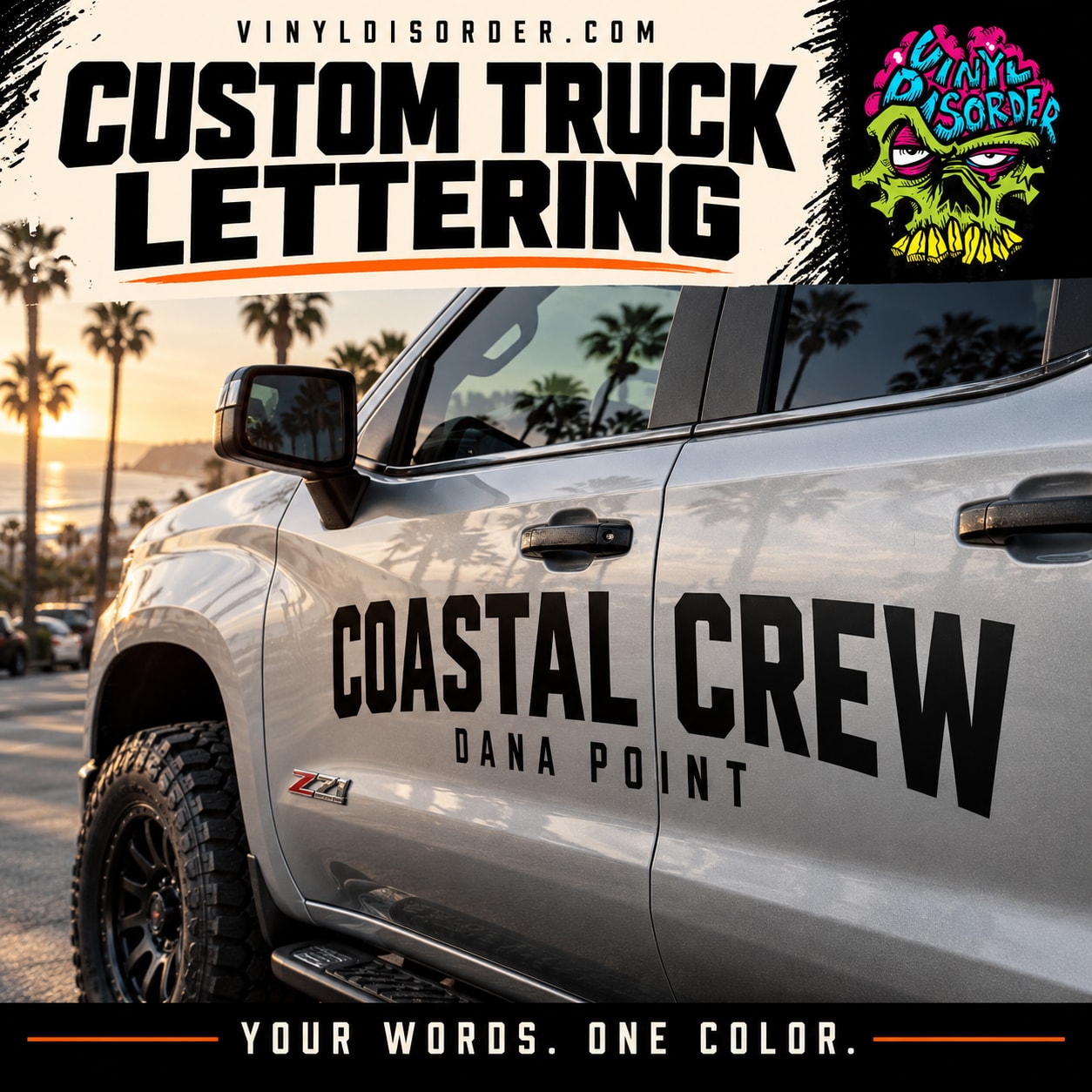 Pickup truck door lettering vinyl decal on white door: COASTAL CREW, DANA POINT