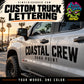 Pickup truck door lettering vinyl decal on white door: COASTAL CREW, DANA POINT