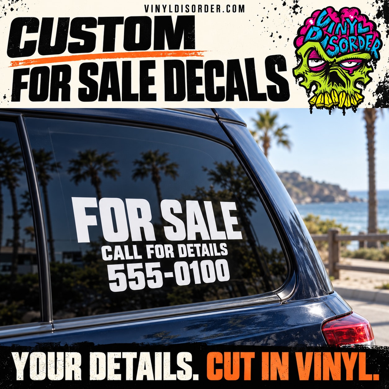 Custom for sale decal with “FOR SALE” and “CALL FOR DETAILS 555-0100” on car window