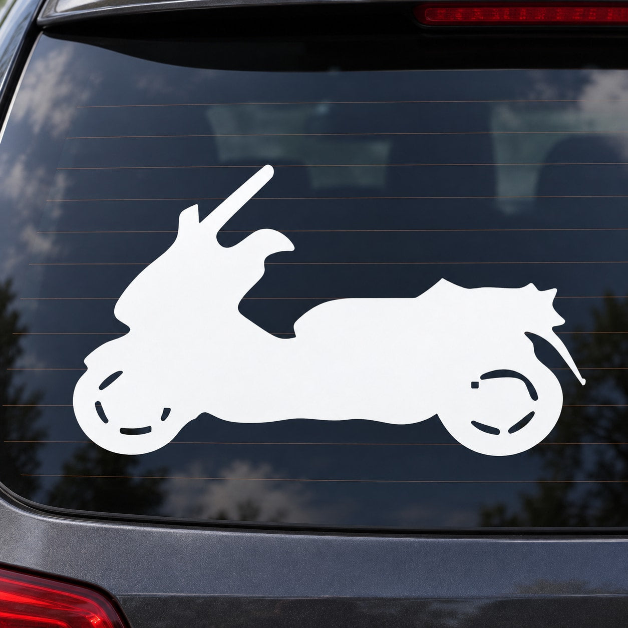 Side-view scooter decal in white on car rear window