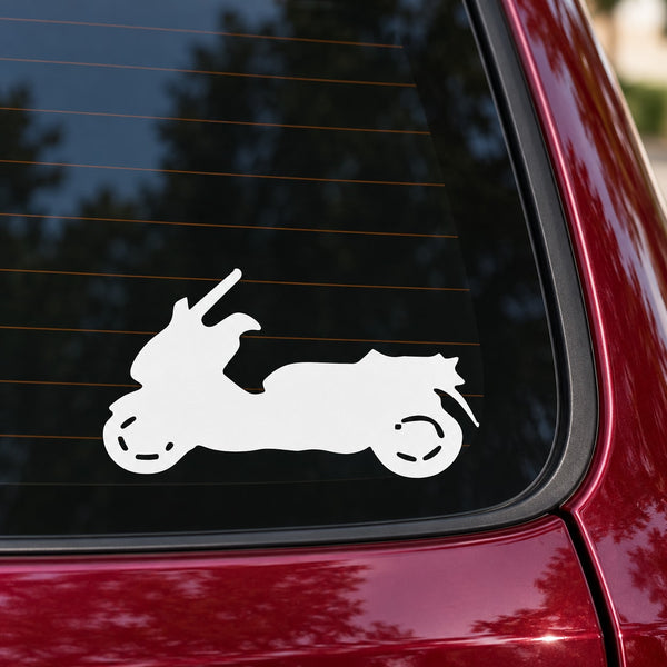 Side-view scooter decal in white on red car side window