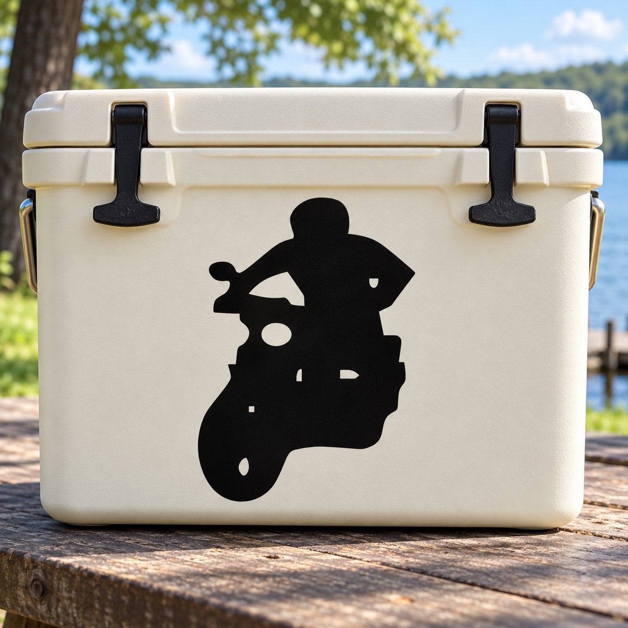 Black scooter rider decal silhouette on a cooler