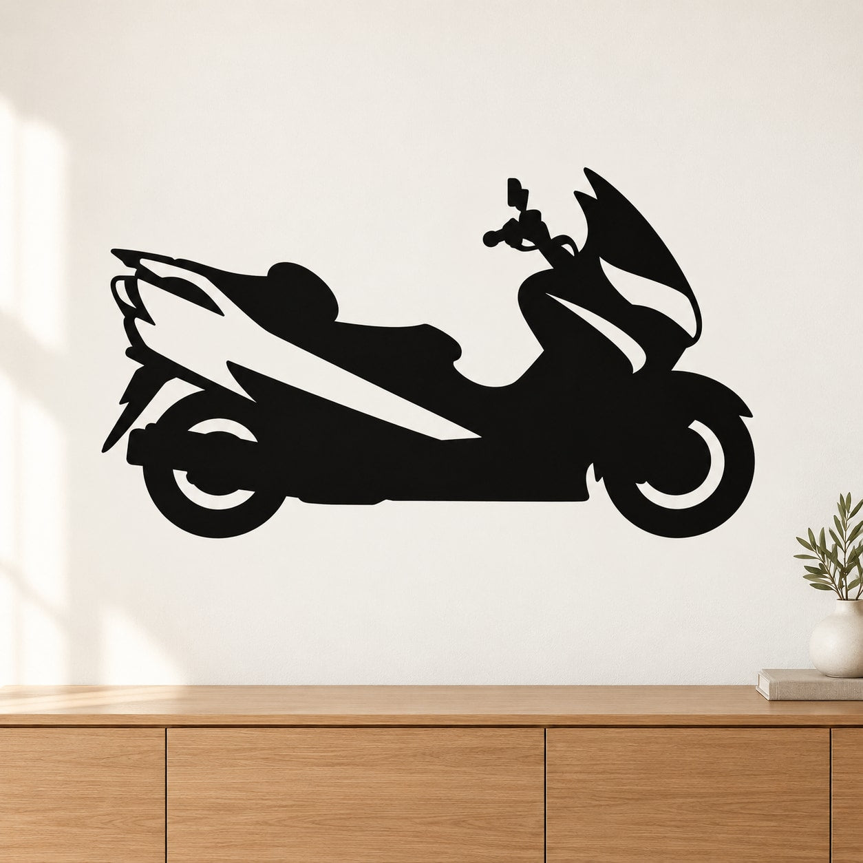 Black scooter wall decal with rider and swoosh flames style