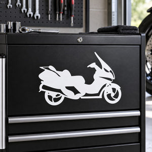 White side-view scooter decal sticker on black surface, showing wheels and frame