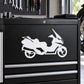 White side-view scooter decal sticker on black surface, showing wheels and frame