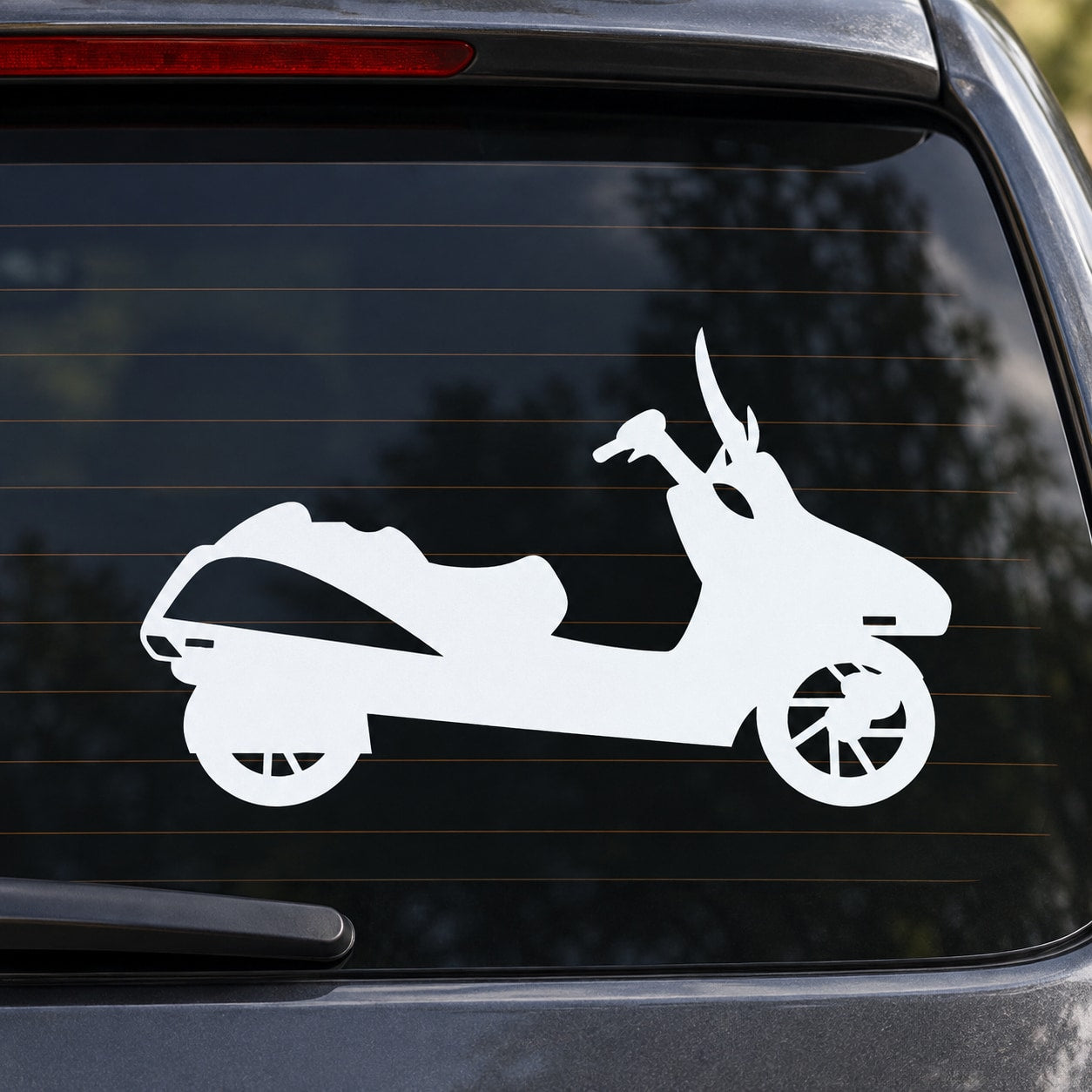 White scooter silhouette decal with rider, for car window