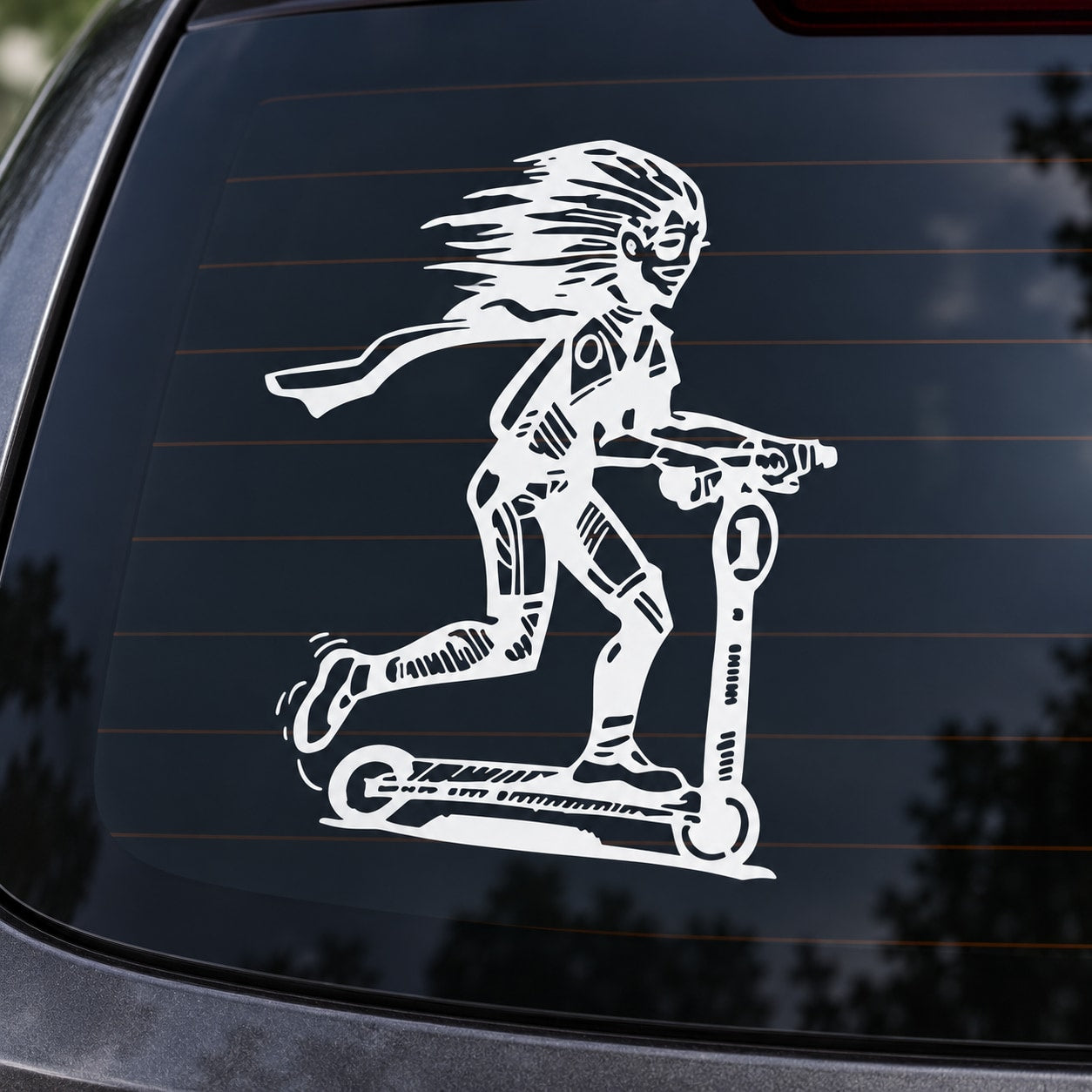 White girl riding kids scooter decal on dark car window