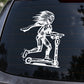 White girl riding kids scooter decal on dark car window