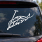 White scooter and flame decal on dark car window glass
