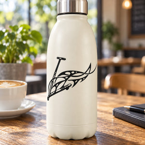 Black scooter and flame decal on white insulated bottle