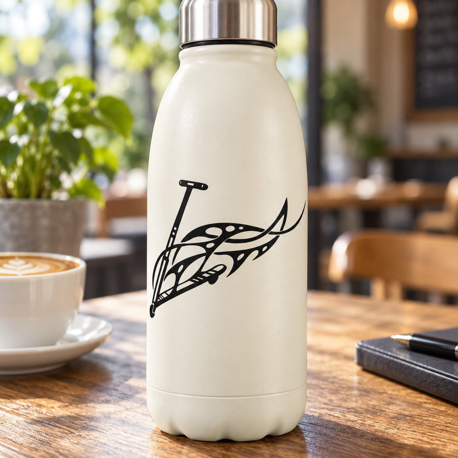 Black scooter and flame decal on white insulated bottle