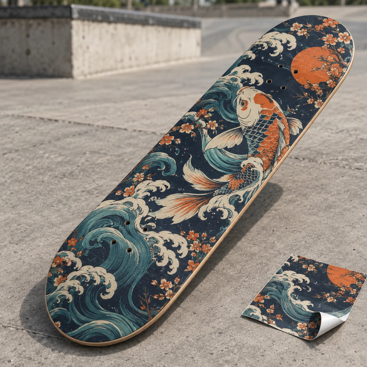 Vinyl skateboard wrap: dark blue koi with orange flowers and wave pattern on curved deck