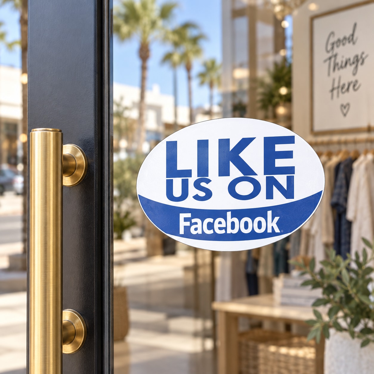 Vinyl Facebook sticker with blue oval text reading "LIKE US ON"