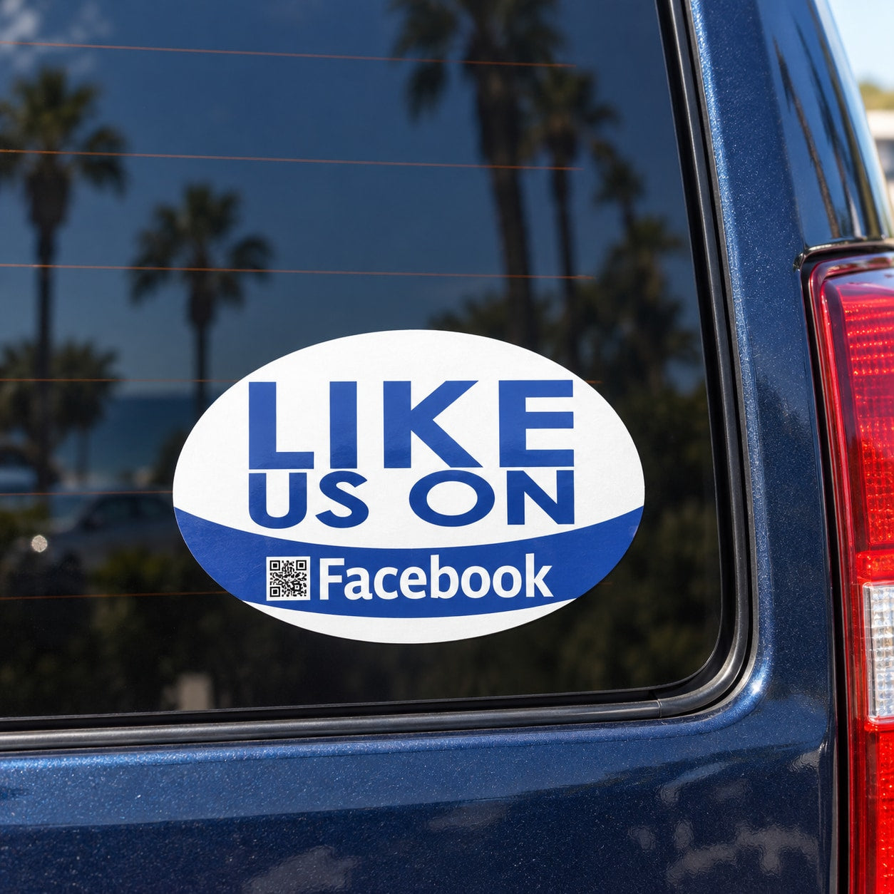 White oval vinyl sticker: blue 'LIKE US ON' and Facebook, with QR code