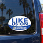 White oval vinyl sticker: blue 'LIKE US ON' and Facebook, with QR code