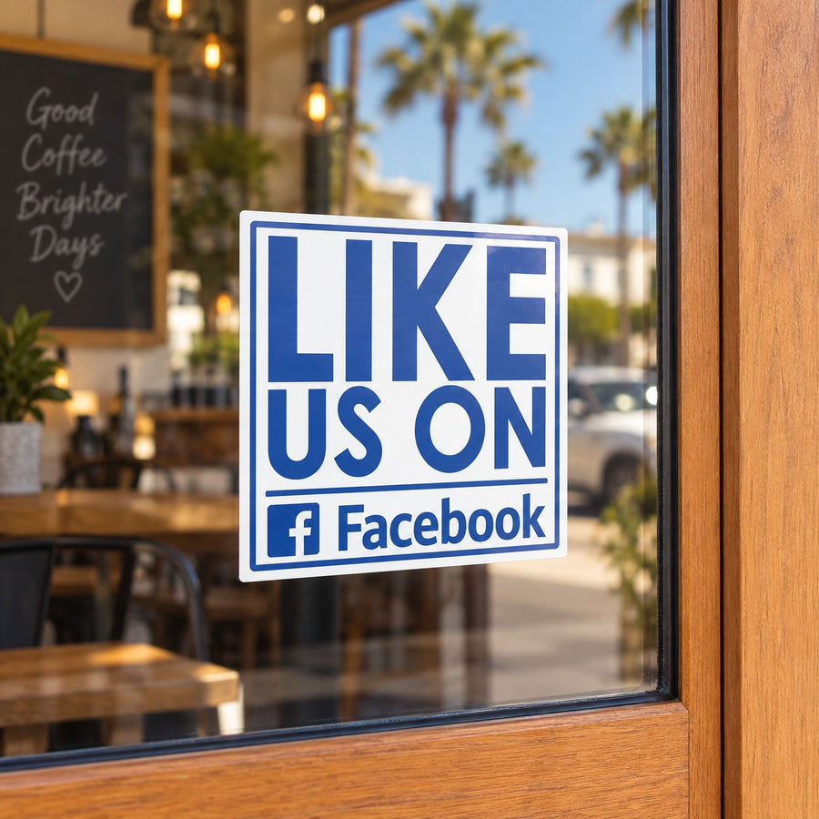 Like us on Facebook vinyl sticker, blue and white square design with Facebook icon