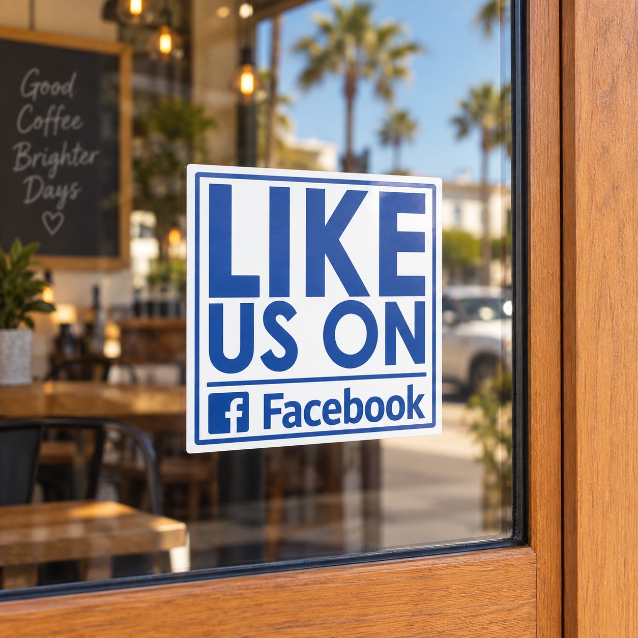 Like us on Facebook vinyl sticker, blue and white square design with Facebook icon