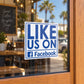 Like us on Facebook vinyl sticker, blue and white square design with Facebook icon