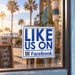 Vinyl sticker with blue border: "LIKE US ON Facebook" and QR code on white