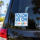 Vinyl car sticker with blue text: “FOLLOW US ON Google+” in white square border