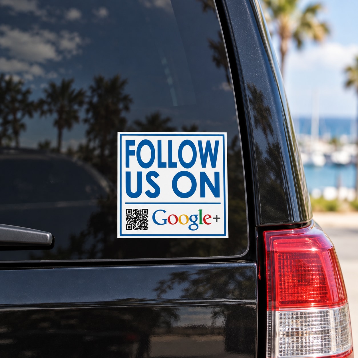 Vinyl car sticker: FOLLOW US ON, Google+ logo, and QR code.