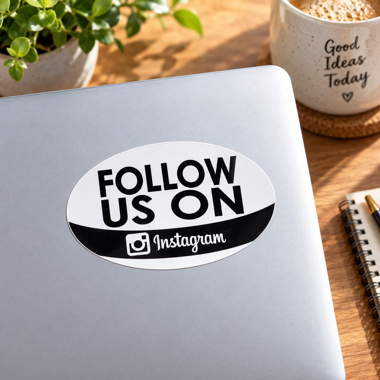 Oval Follow Us on Instagram vinyl sticker with black and white text and logo