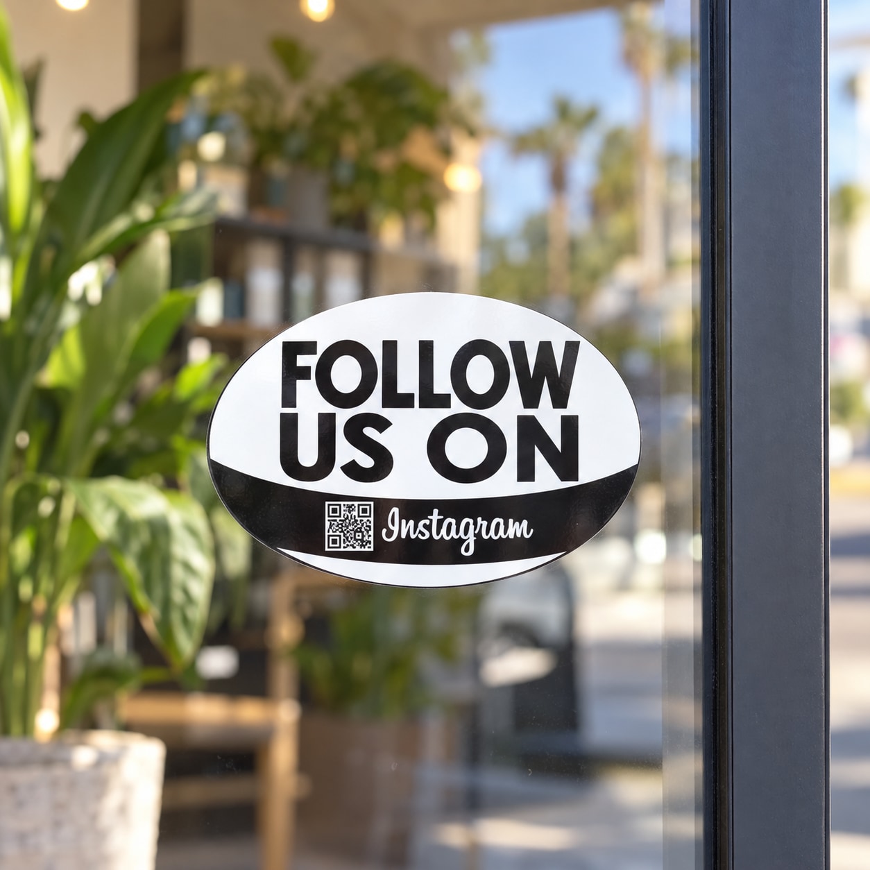 Oval vinyl sticker with “FOLLOW US ON”, Instagram logo, and QR code
