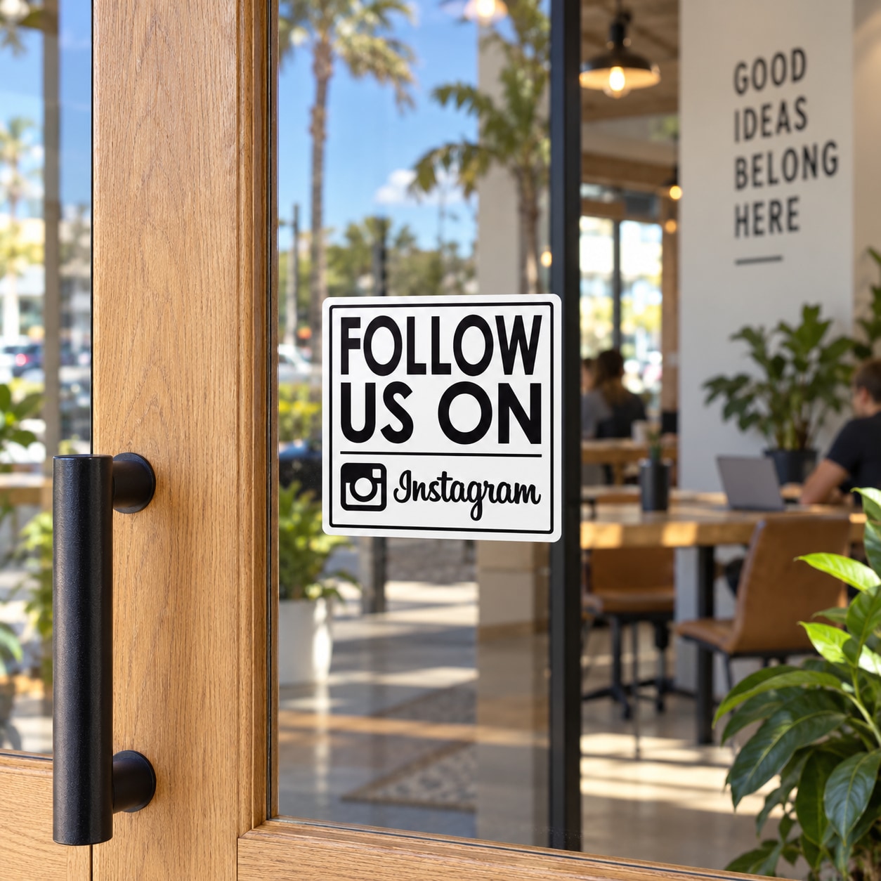 Vinyl sticker: black 'FOLLOW US ON' text with Instagram logo on white