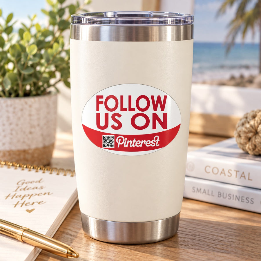 Follow us on Pinterest vinyl sticker with red logo and barcode-style icon