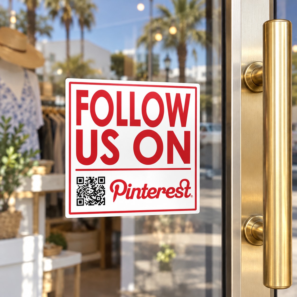 Vinyl sticker with FOLLOW US ON Pinterest and QR code, red and white
