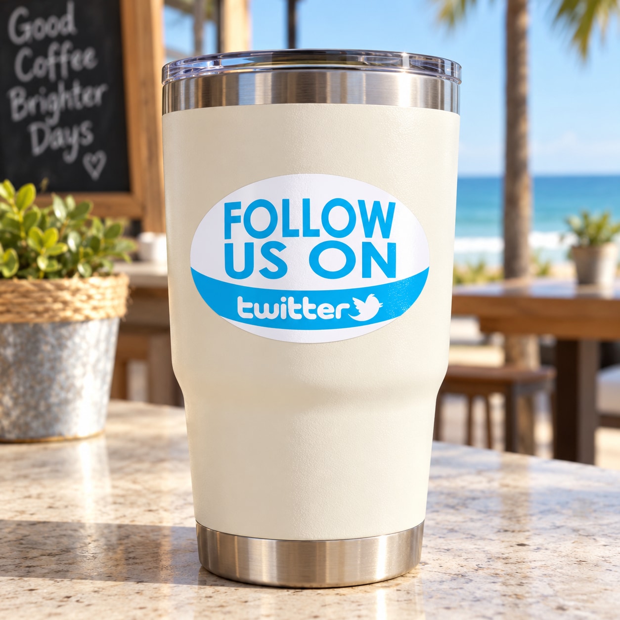 White tumbler with blue “FOLLOW US ON Twitter” logo sticker, vinyl style