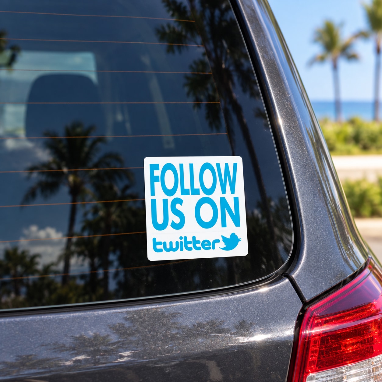 Vinyl car sticker: blue “FOLLOW US ON Twitter” text on white square