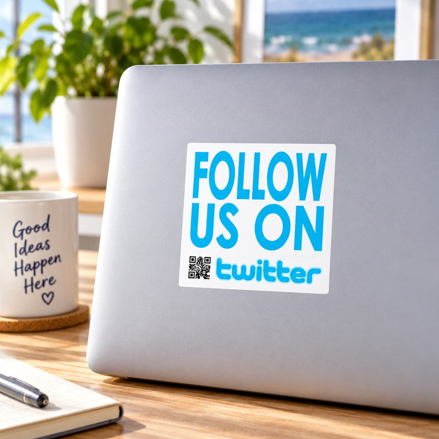 Vinyl sticker reading "FOLLOW US ON" with Twitter logo and blue text