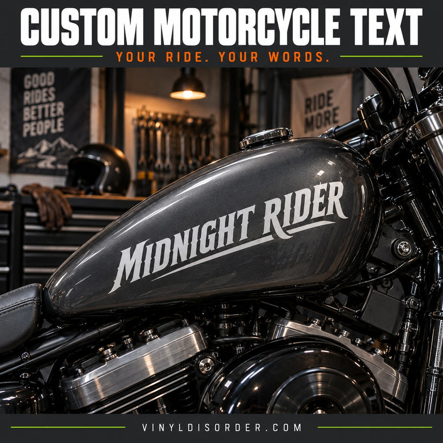 Motorcycle fuel tank vinyl text decal reading "MIDNIGHT RIDER"
