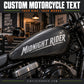 Motorcycle fuel tank vinyl text decal reading "MIDNIGHT RIDER"