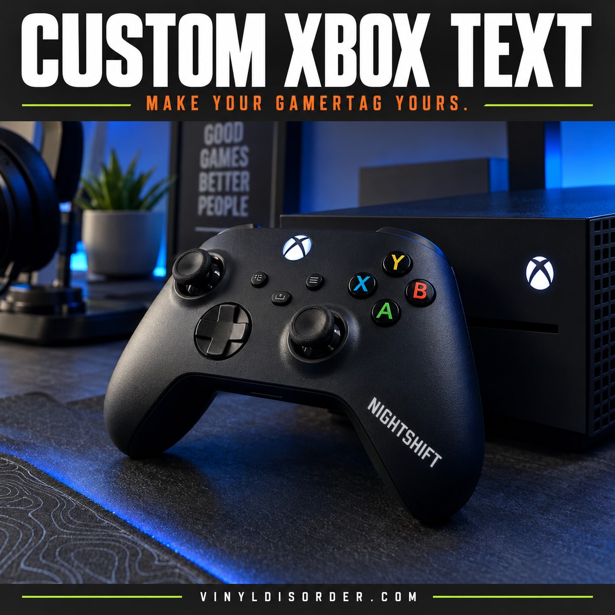 Black Xbox controller with custom text vinyl decal on handle, colored A/B/X/Y buttons