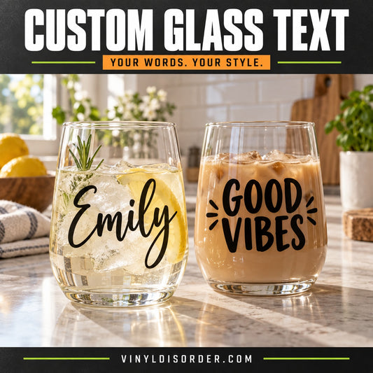 Customized clear tumbler glasses with 'Emily' and 'GOOD VIBES' vinyl decals