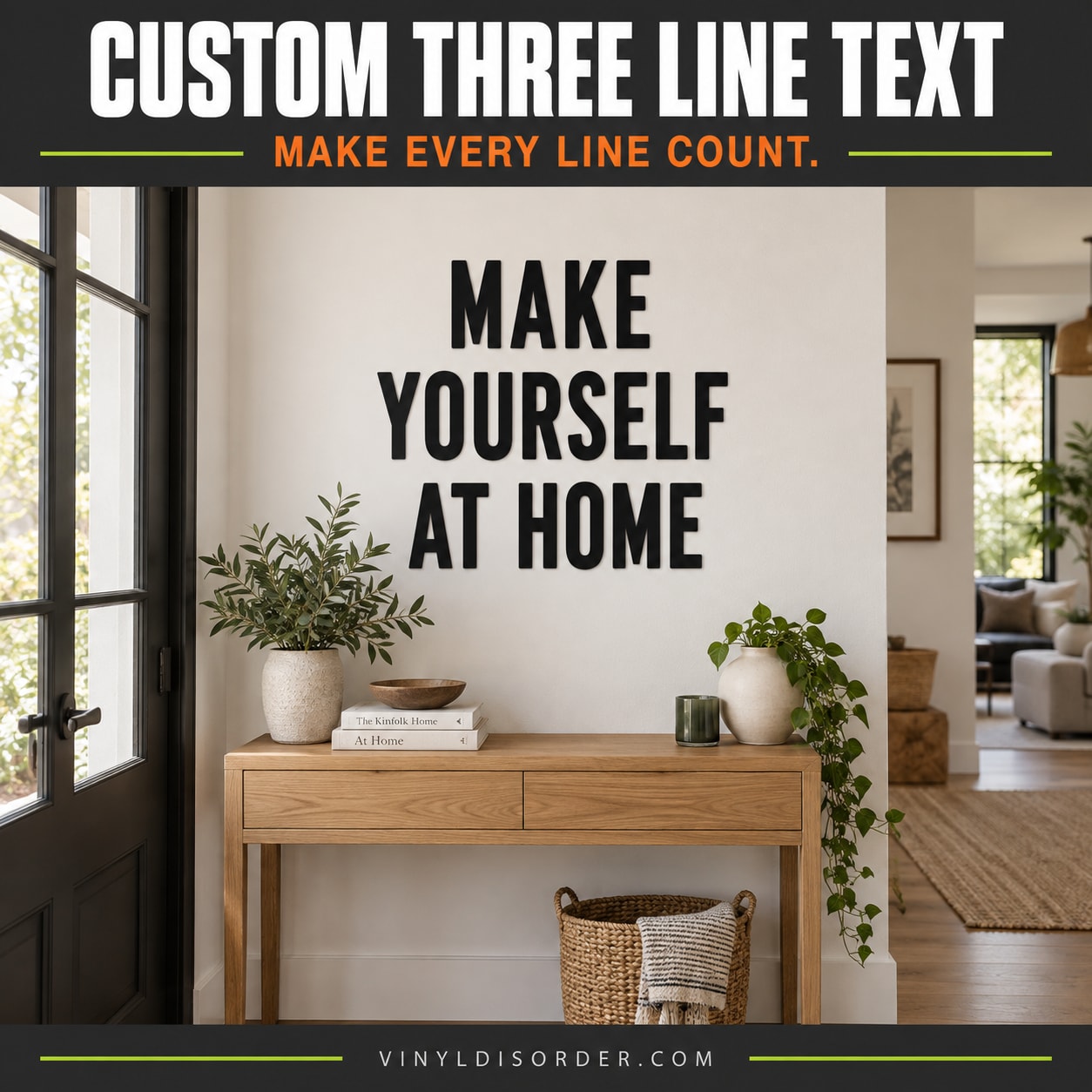 Three-line wall text decal with bold black lettering and small green plant icon