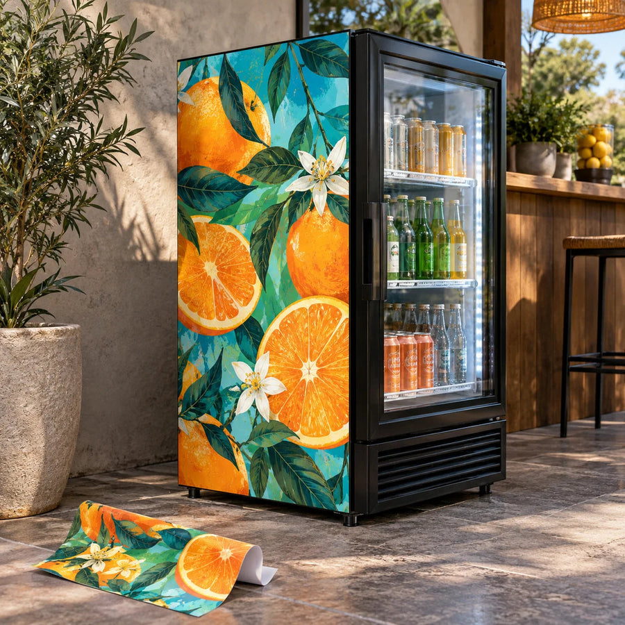 Citrus tropical print vinyl wrap side panel for beverage cooler