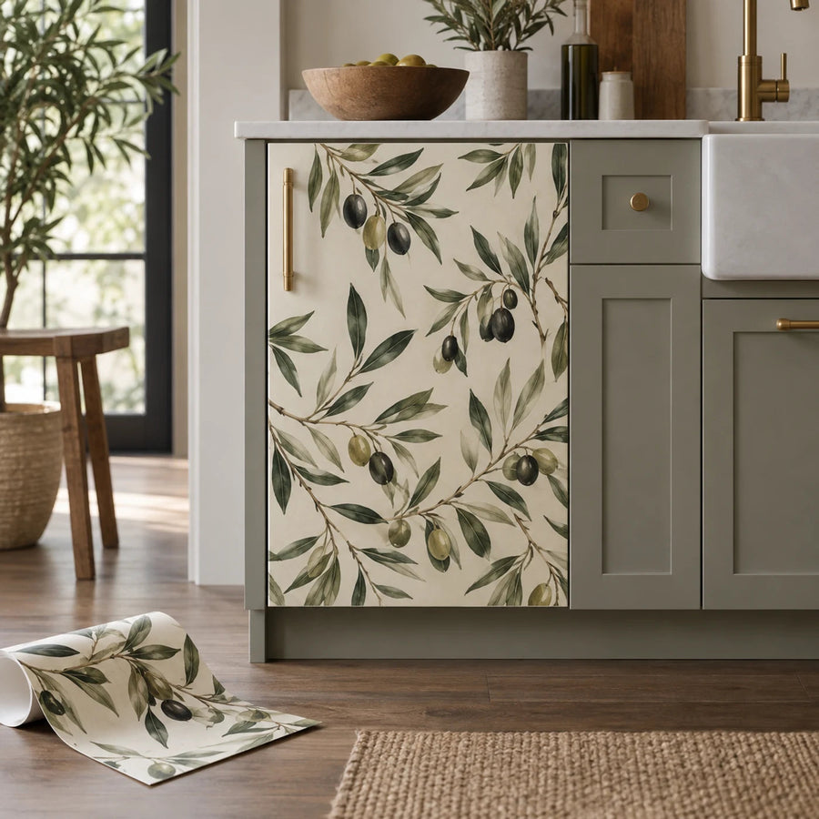 Cabinet door vinyl wrap with white base and green olive-leaf pattern